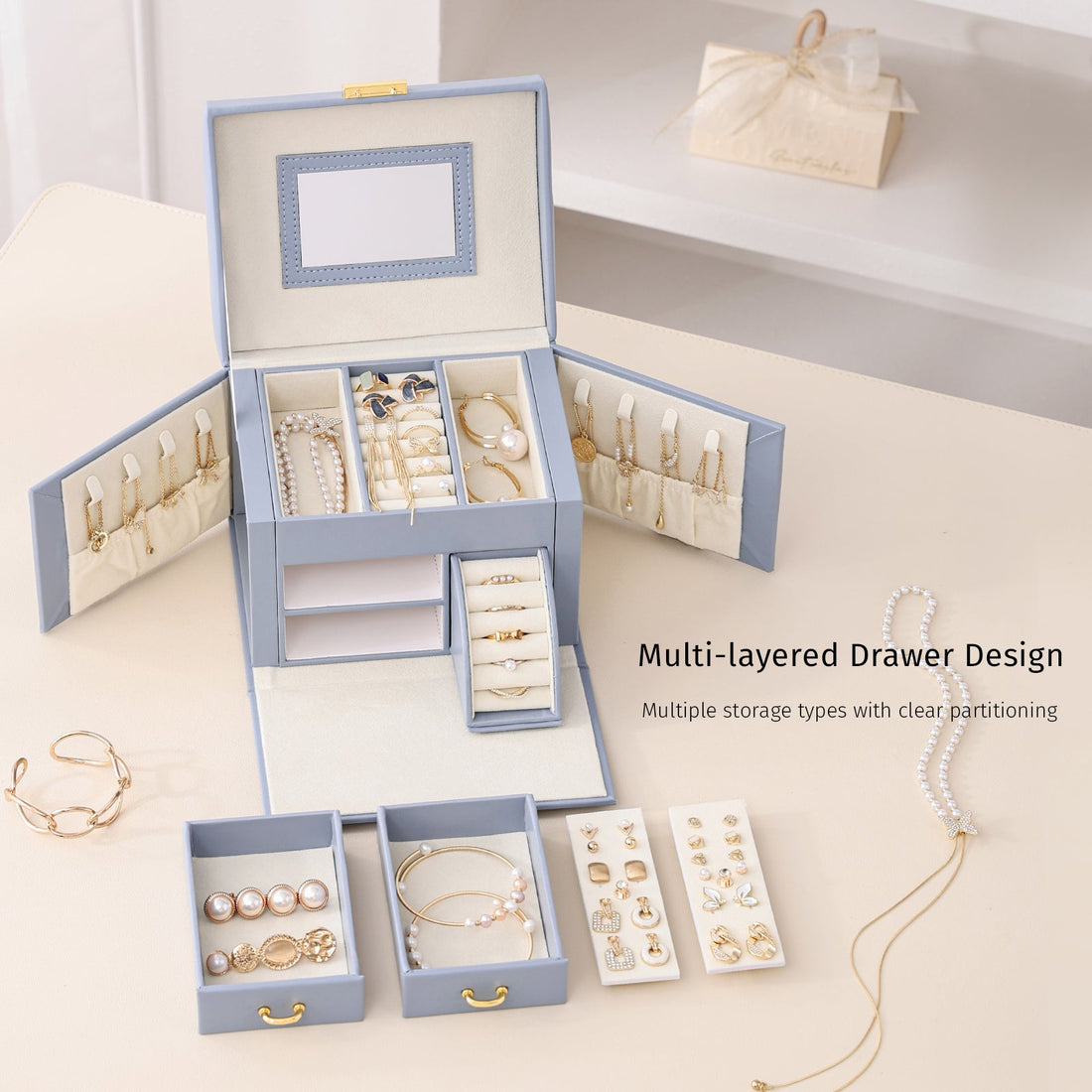Jewelryboxapp Jewelry Organizer with Mirror 2 Drawers & Lock